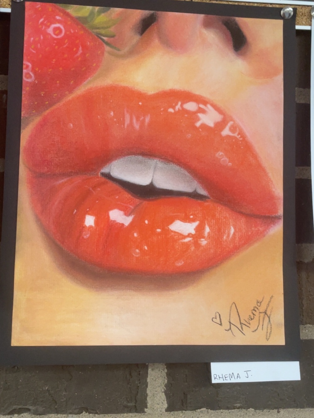 Original Award Winning Chalk Drawing Glossy Strawberry Lips Art Print - Red